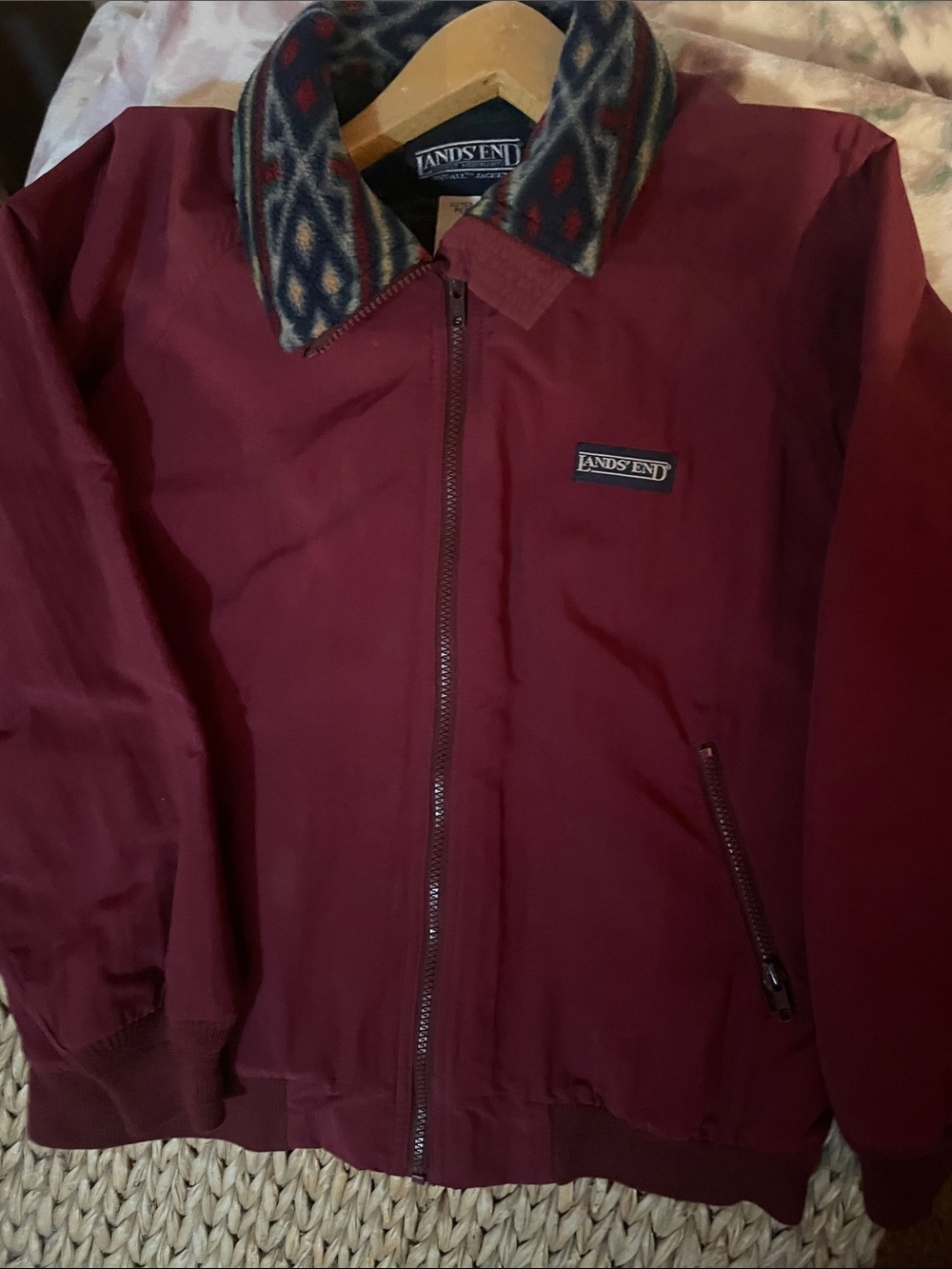 Lands' End Women’s  Wine Red Bomber Jacket with Patterned Collar